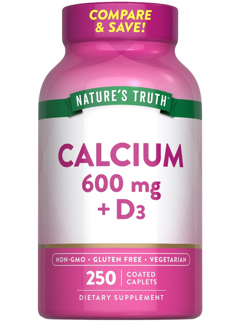 Verdad de la naturaleza Calcio 600mg con vitamina D3 Silencio 250 Caplets Silencio Calcio Carbonato Silencio Vegetariano, No GMO &amp; Gluten Suplemento Gratis