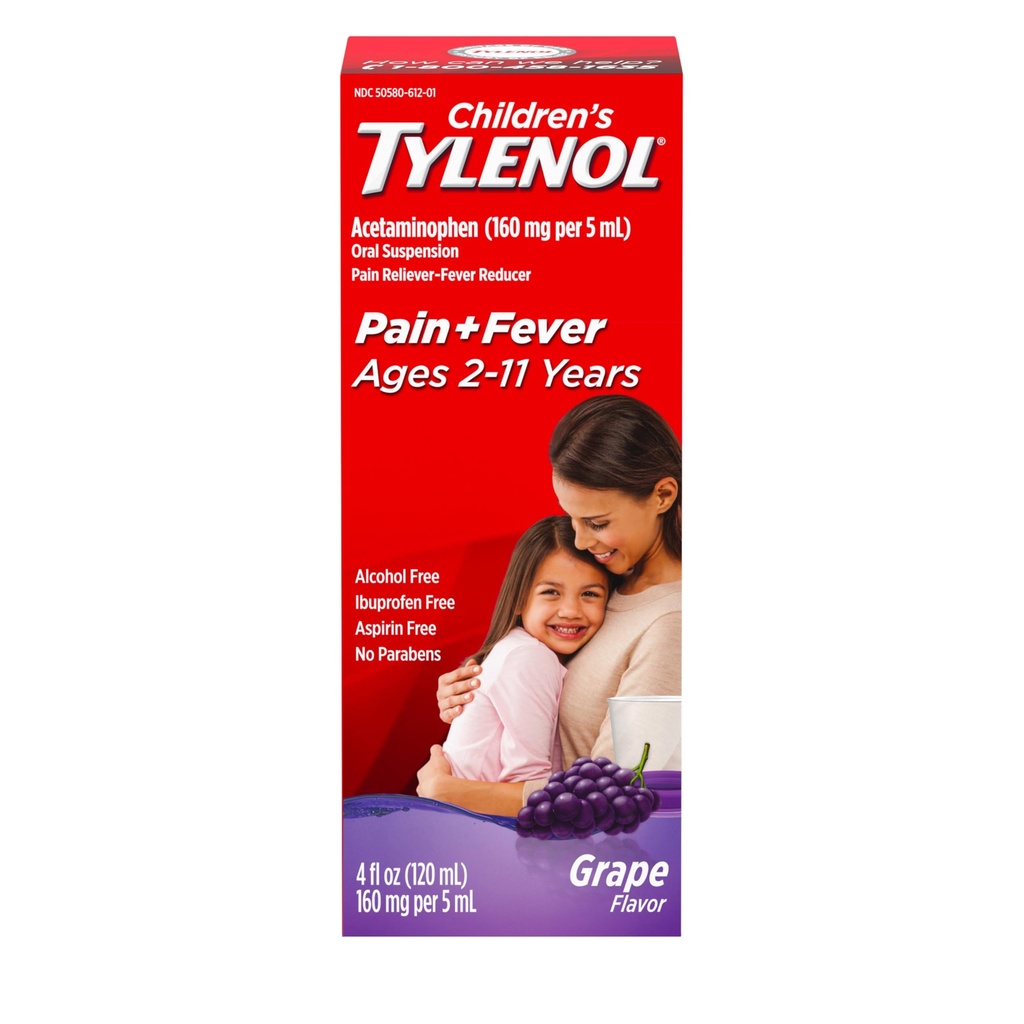 Medicamento de suspensión oral líquida de Tylenol para niños, alivio del dolor de acetaminofén " Reductor de fiebre para el frío + síntomas de gripe " Garganta de sora, Aspirina-, Ibuprofeno- " Alcohol- Grape, 4 fl. oz