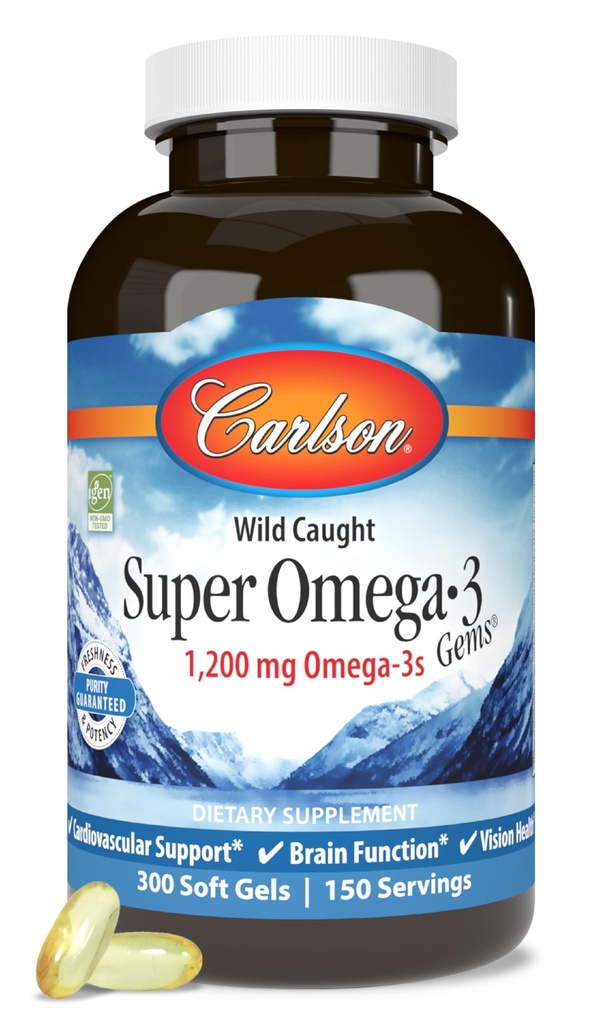 Carlson - Super Omega-3 Gems, 1200 mg Omega-3 ácidos grasos con EPA y DHA, suplemento de aceite de pescado noruego de caza silvestre, cápsulas sostenibles 300 Softgels