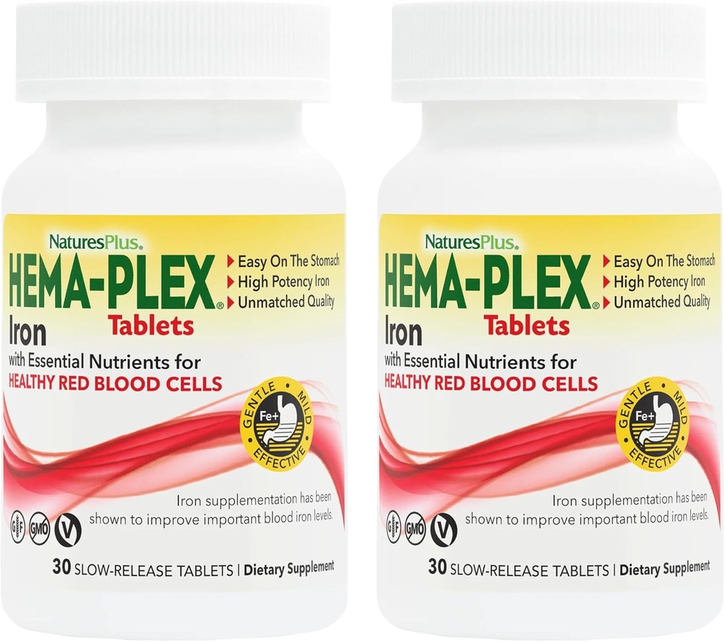 NaturesPlus Hema-Plex Iron - 30 Tablas de liberación lenta, Pack de 2 - Sangre total - 85 mg Hierro Chelated - Con Vitamina C " Bioflavonoides - No GMO, Vegetariano " Gluten Gratis - 60 Total Servings
