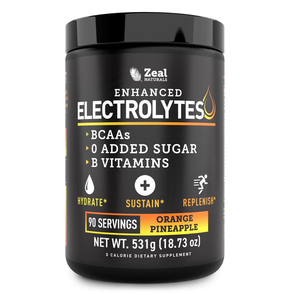 Zeal Naturals Electrolyte Powder Recovery Drink (90 Servings ← Orange Pineapple) w 0 Sugar +BCAAs +B-Vitamins Electrolyte Suplemento w Potassium Zinc &amp; Magnesium for Hydration - Keto Electrolytes
