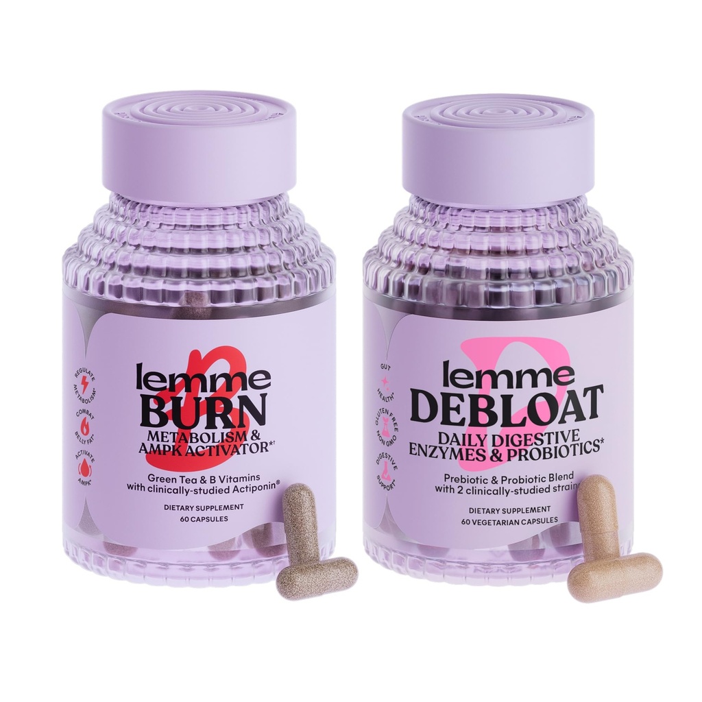 Lemme Burn & Debloat Capsule Bundle - Metabolismo & Fat Burning + Debloat Capsules para Bloating & Gas Relief, Probióticos & Prebióticos - Gluten Free, Non-GMO - 60 Ct. Cada