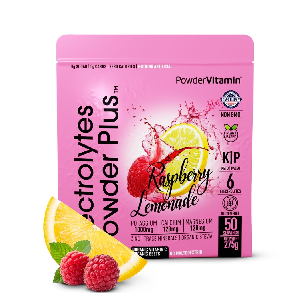 PowderVitamin Electrolytes Powder Plus (50 Servings) Raspberry Lemonade Electrolyte Powder Zero Calorie Keto, 0 Azúcar, Sin Maltodextrin,1000mg Potasio, 120mg Calcio,120mg Magnesio, Hidratación Polvo
