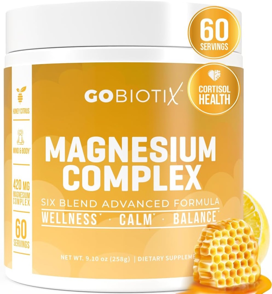GoBiotix Magnesium Glycinate Powder – Suplementos Cortisol para Mujeres y Hombres – Alta Absorción Magnesium Complex Suplemento Calma con Citrato, Malate – Azúcar Gratis – 420 mg, 60 Servimientos - Citrus de miel