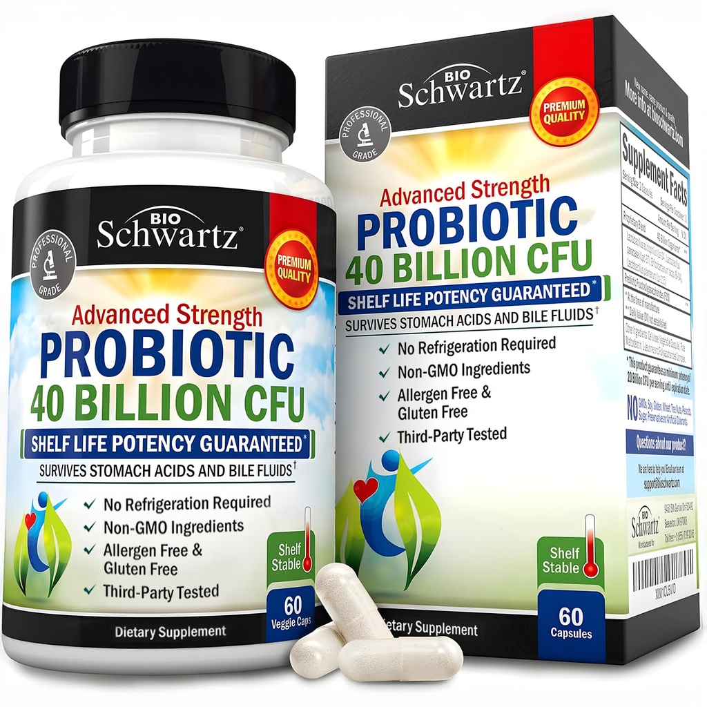 BioSchwartz Daily Probiotic Nutritional Supplement - 40 Billion CFU for Gut Health - Probiotics for Men and Women - Digestive Health with Astragalus " Lactobacillus - Shelf Stable - 60 Count