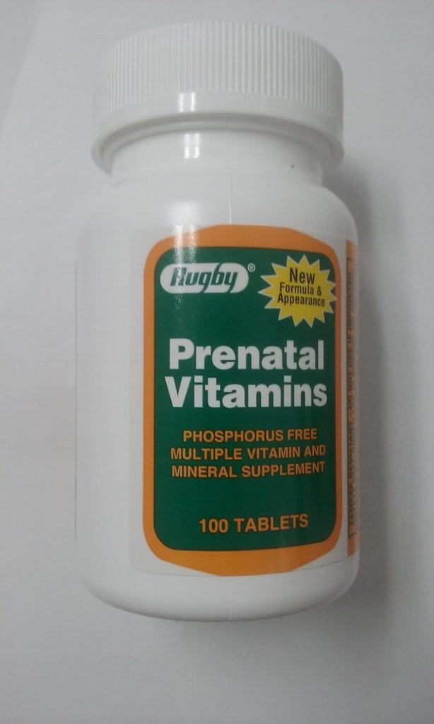 Vitaminas prenatales de Rugby, 100 tabletas por botella