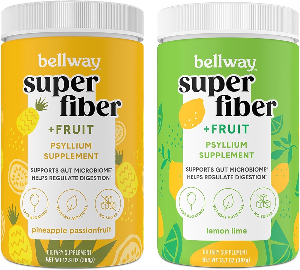 Bellway Super Fiber Powder + Fruit, Sugar Psyllium Orgánica Gratuita Suplemento de fibra de polvo para regularidad, Bloating Relief & Gut Health, Non-GMO, Pineapple Passion Fruit & Lemon Lime