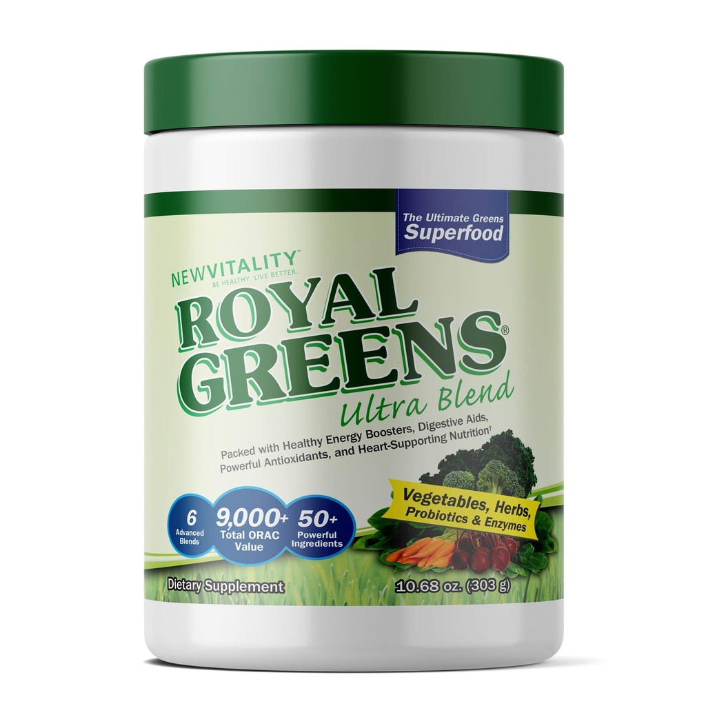 Nuevo Vitality Royal Greens Superfood Powder ← Saludable Veggie Powder con Probióticos, Enzymes, Antioxidantes, Wheat Grass & Greens 10.75oz (30 Day Supply)