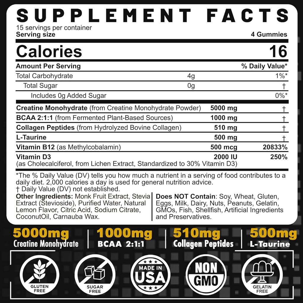 Complejo de Gummies de Monohidrato de Mujer, 6-en-1 Cretina de Pre-Workout Chewable con BCAA, Peptides de Collagen, L-Taurine, 15 Servimientos, Sabor de limón natural - 60 Cuenta (Pack de 1)