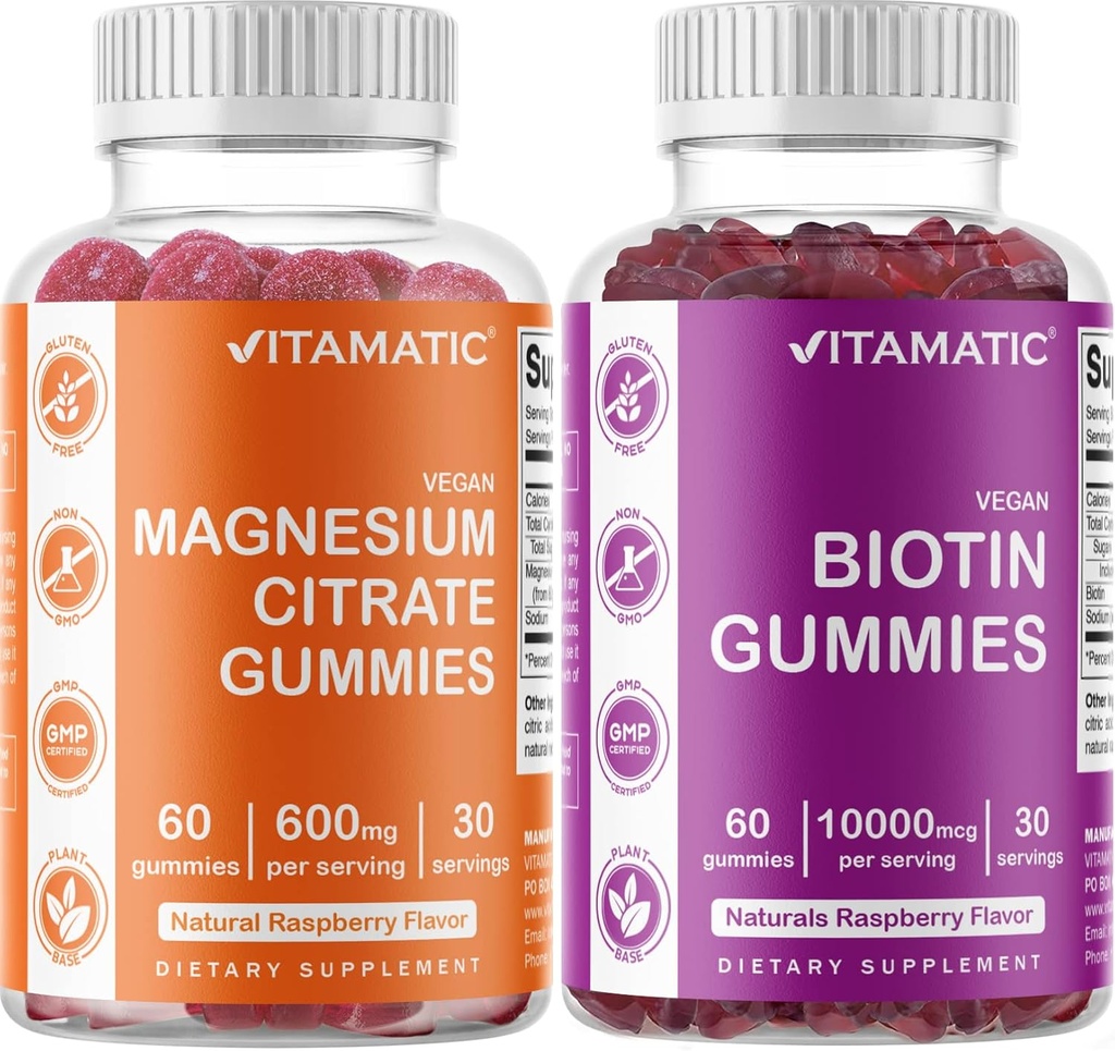 Vitamatic Magnesium Gummies " Biotin Gummies - 60 conteo vegano cada uno