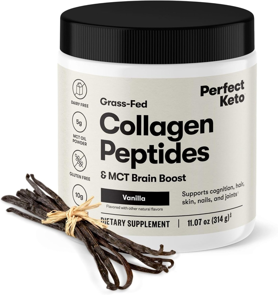 Perfect Keto Collagen Peptides Protein Powder con MCT Oil, Grass Fed, Hydrolyzed Collagen, Tipo I & III Suplemento Keto Coffee Creamer, Vanilla