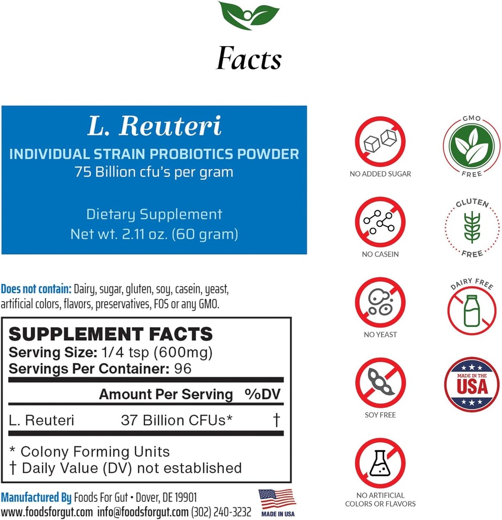 Lactobacillus Reuteri Probiotic Powder 75 Billion cfu's Silencio Hecho en EE.UU. Silencio No Additives ← Direct from Manufacturer Silencio No Third-Party Storage ← Digestive & Immune Support  L. Reuteri ← 60 Grams (2.11 OZ)