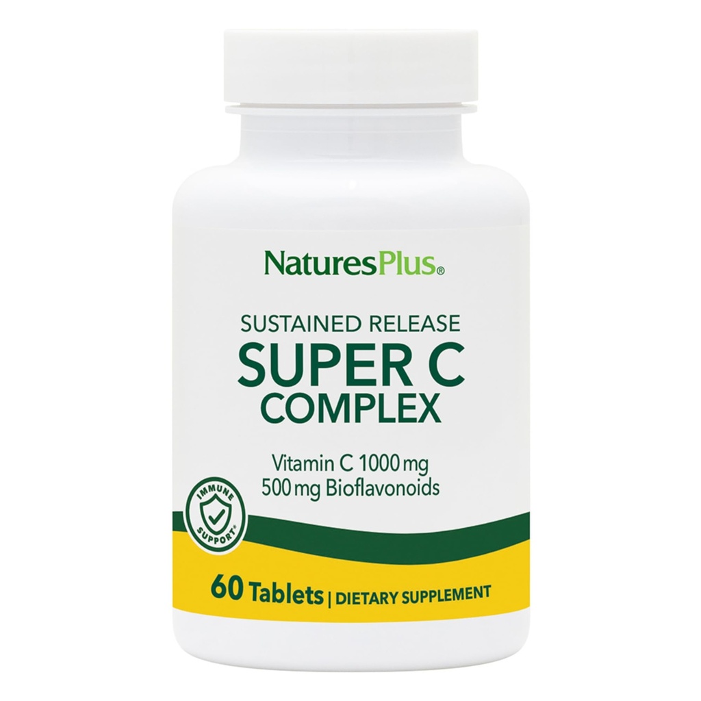 NaturesPlus Super C Complex, Sustained Release - 60 Tablets - 1000mg Vitamina C + 500mg Bioflavonoids - Vegetariano, Gluten Gratis - 60 Servings
