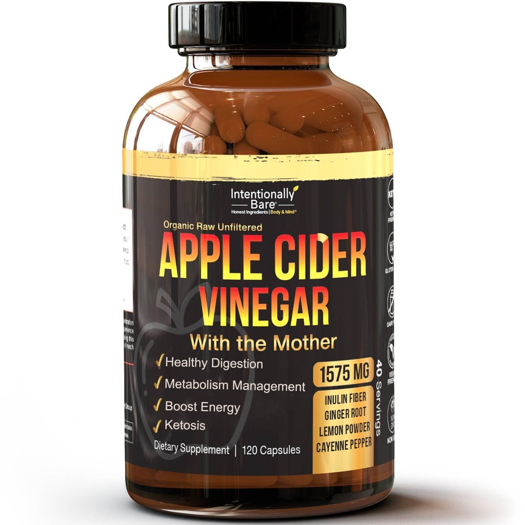 Intentionally Bare Apple Cider Vinegar Capsules - ACV Capsules with Mother - Organic, Raw, Unfiltered - Ginger, Lemon, Cayenne & Inulin - Keto Friendly and Gluten Free -1575mg per Serving - 120 Caps
