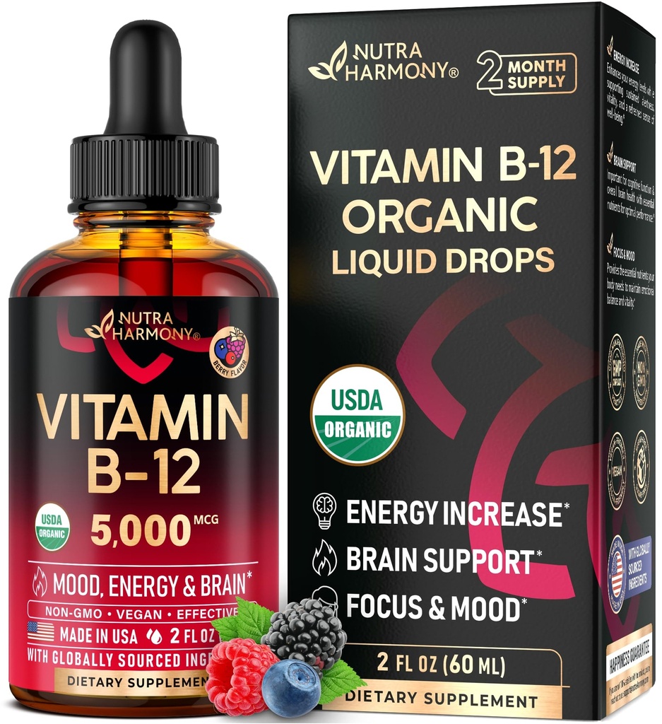 USDA Vitamina Orgánica B12 Sublingual Drops - 5000 mcg Liquid Vegan Methylcobalamin for Women &amp; Men - Energy Boost, Focus &amp; Mood, Brain Health Support - Maximize Absorption - 2 Month Supply, 2 fl oz