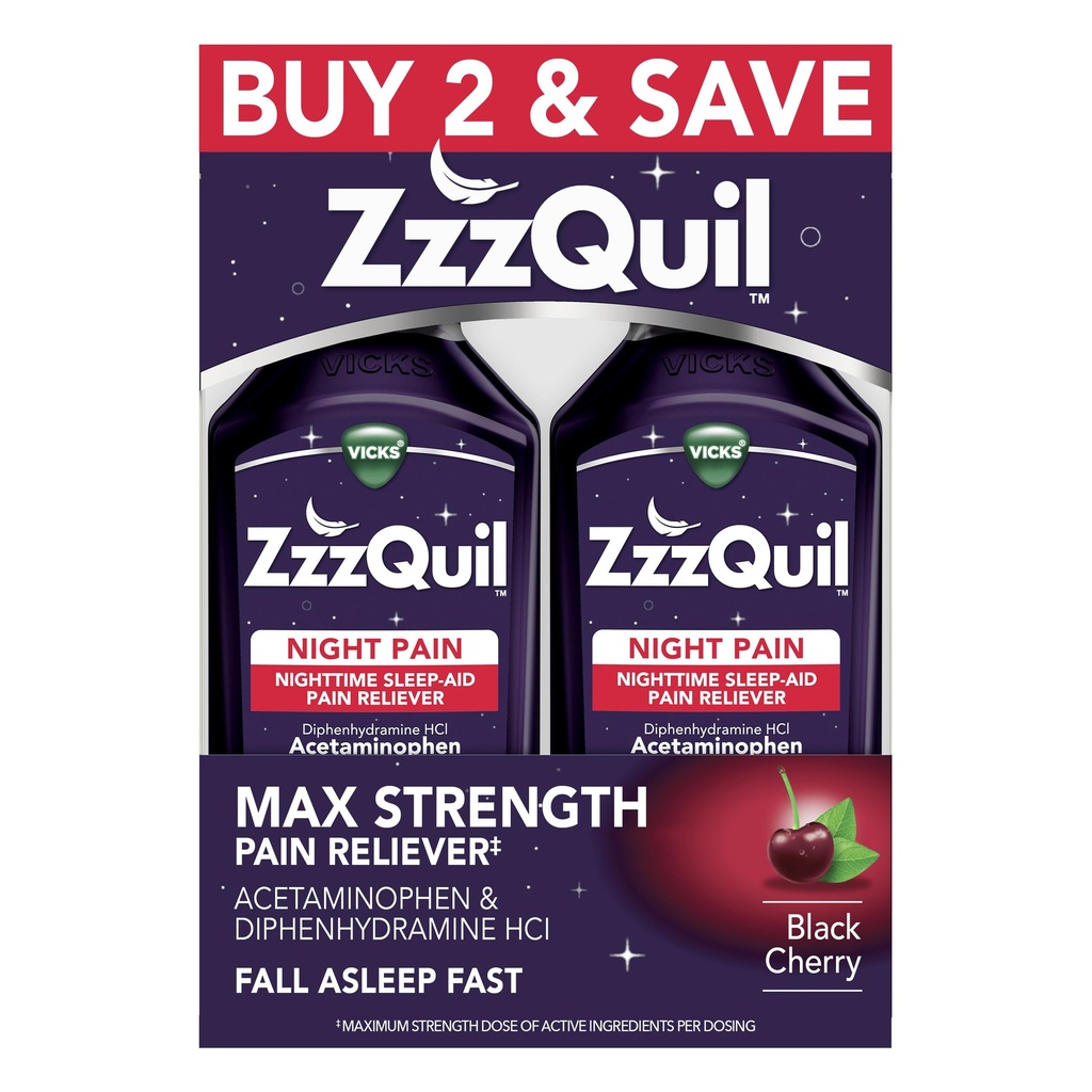 ZzzQuil Liquid Max Strength Doin Reliever, Nighttime Sleep Aid Liquid, Acetaminophen 1000mg, Diphenhydramine 50mg HCI, Non-Habit Forming, Black Cherry Flavored, 2 Pack, 24 FL OZ