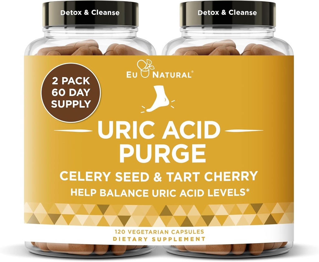 ¡Purge! Uric Acid Flush – Comer " Beber lo que quieras – Detox y Limpiar con Celery Seed Extract, Tart Cherry " Chanca Piedra para un soporte conjunto eficaz " Movilidad activa: 120 cápsulas veganos suaves