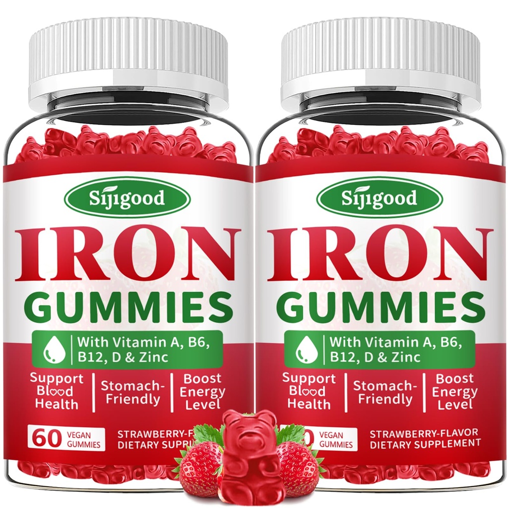 2 Empaquetaduras de hierro para hombres y mujeres - Suplemento de hierro vegano para la anemia " Deficiencia de hierro, con vitamina B12, vitamina C, zinc, folato - Energía libre de azúcar, sabor a fresa, 120 conteo