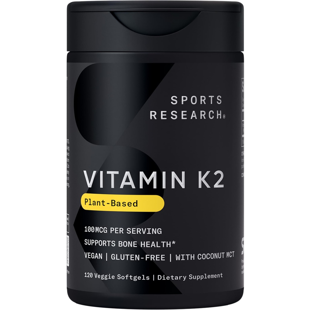 Investigación deportiva Vitamina K2 como MK-7 100mcg con aceite de MCT de coco - 120 Veggie Softgels (4 mes de suministro) Certified Vegan, No GMO Verified, Gluten &amp; Soy Free