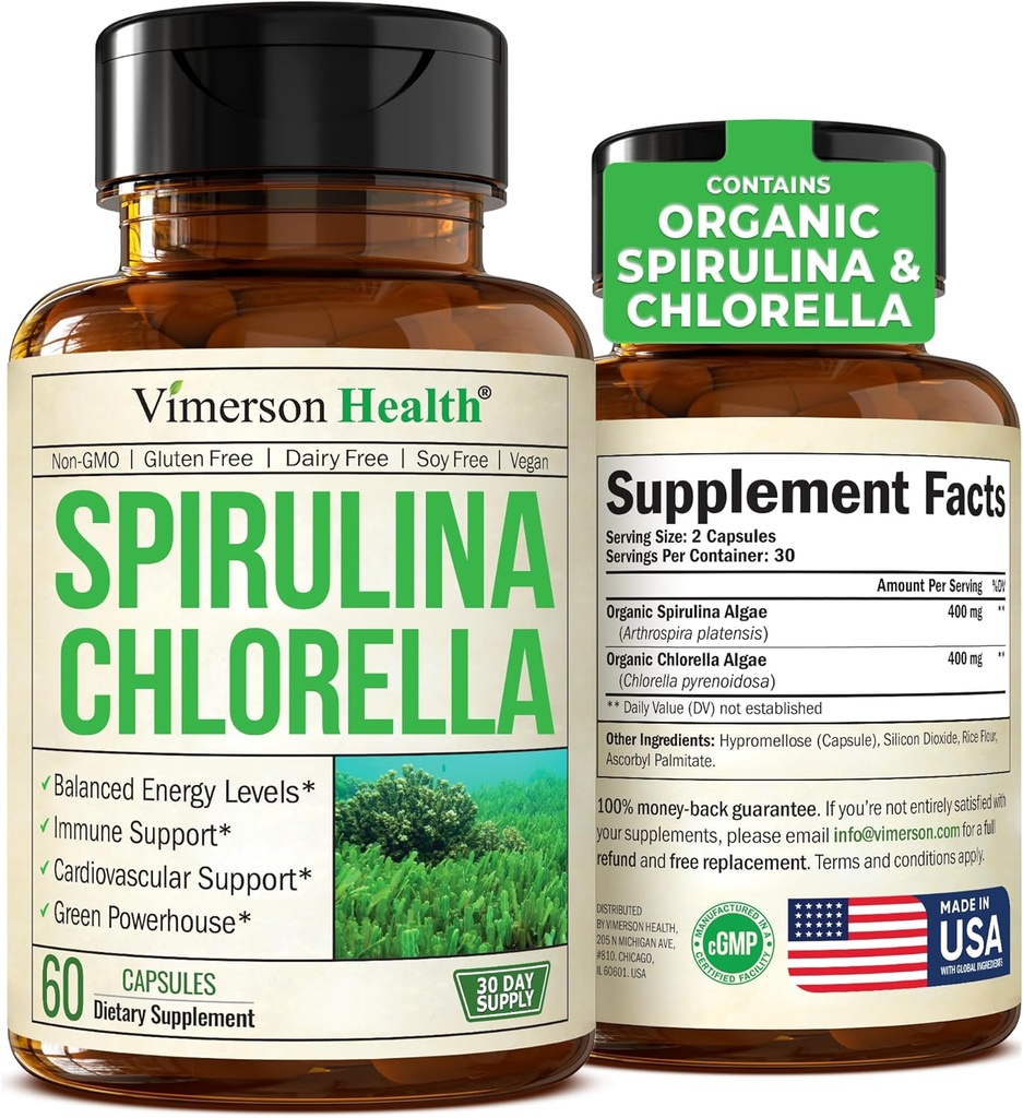 Espirulina orgánica y Clorella cápsulas - Espirulina cápsulas con Chlorella Polvo para Immune, Antioxidante & Energy Support. Nutritious Super Green. Vegan " Non- GMO. Tercero testado. 60 caps