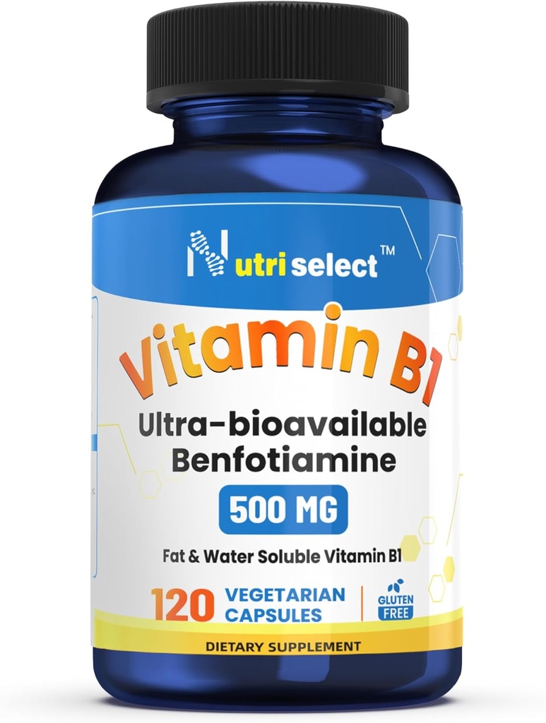 120 cápsulas entrega 500 mg de vitamina B1 en este suplemento de Benfotiamina, que es no GMO, Vegan y Gluten-Free