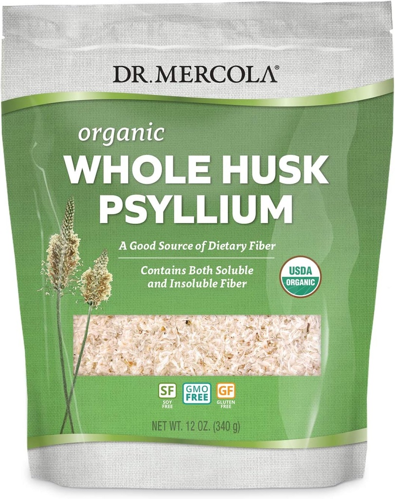 Dr. Mercola Orgánica entera Husk Psyllium Suplemento dietético, 68 Serviciones (12 onzas), Buena fuente de fibra dietética, apoya la salud digestiva, no GMO, libre de gluten, soy libre, USDA Orgánico