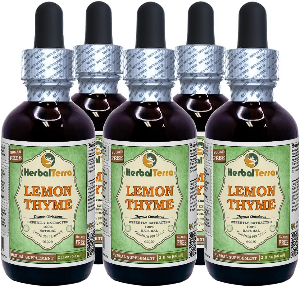[BRSWGHYRAEIWCGTO] Tomo de limón (Thymus x Citriodorus) Glicérito, hierba seca orgánica Extracto líquido libre de alcohol (Marca: HerbalTerra, Proudly Made in USA) 5x2 fl.oz (5x60 ml)