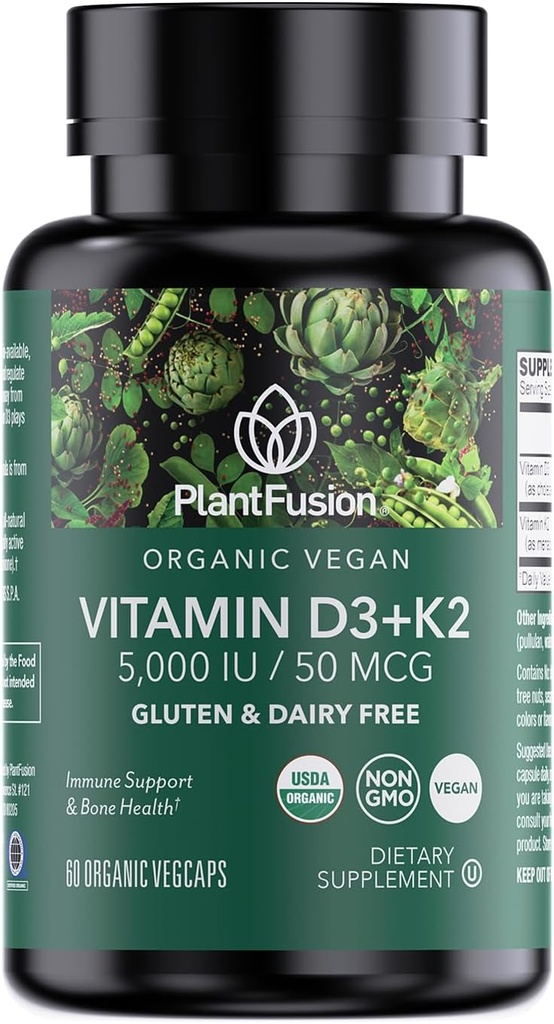 PlantFusion Organic Vegan Vitamin D3 + K2 5,000 IU, 50MCG – Vitamina D Fuente de Lichen y Vitamina K2, para Immune Support y Bone Health - 60 cápsulas