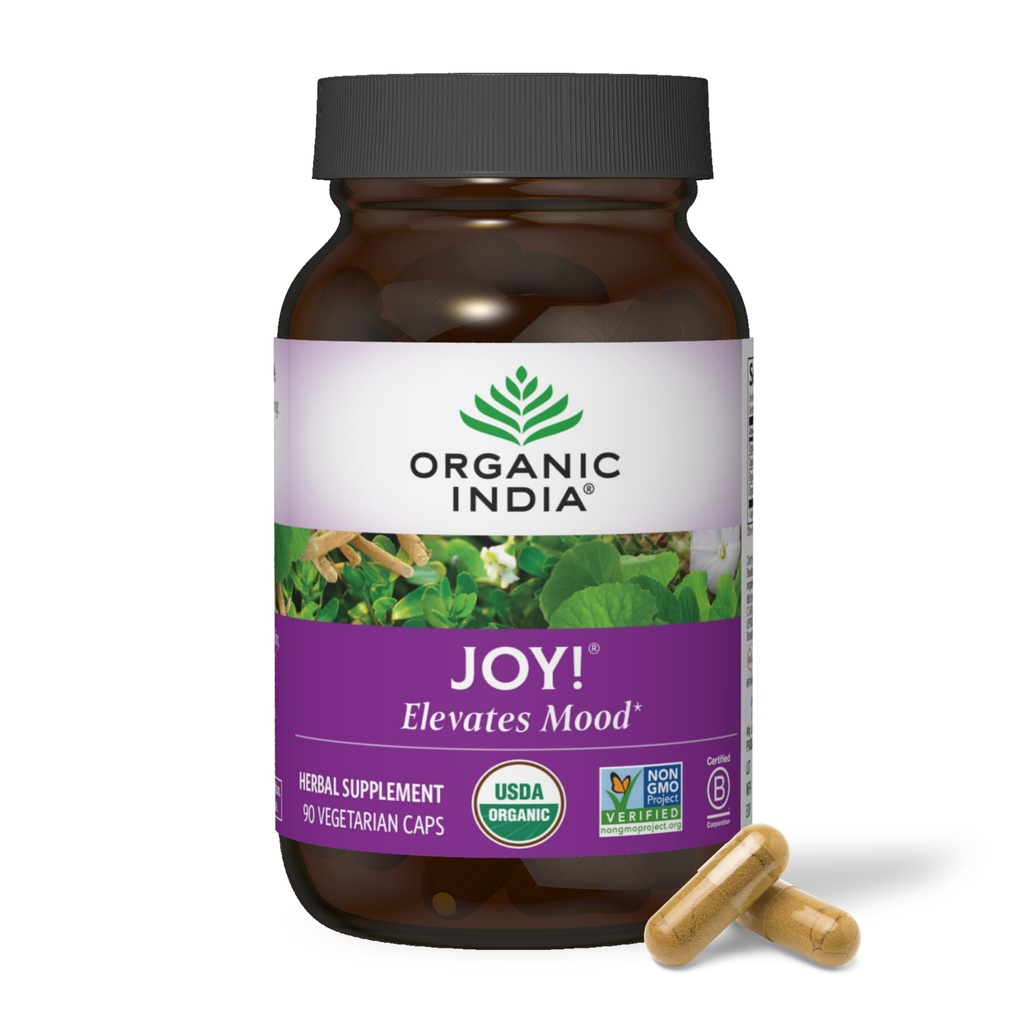 ORGANIC INDIA Joy Herbal Supplement - Immune Support, Promotes Memory & Concentration, Vegan, Gluten-Free, Kosher, USDA Certified Organic, Non-GMO, Calming - 90 cápsulas