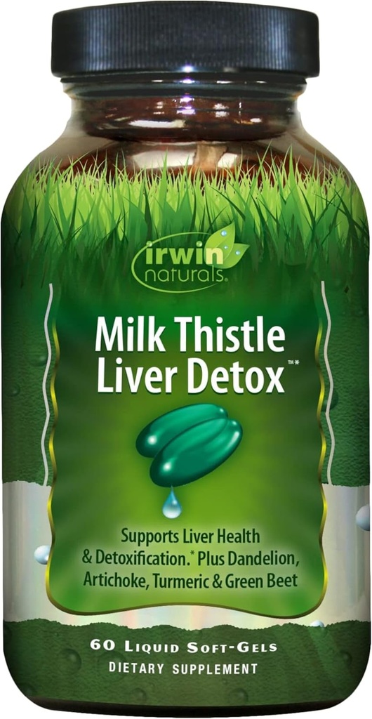 Irwin Naturals Milk Thistle Liver Detox - 60 Liquid Soft-Gels, soporta la salud del hígado con Dandelion, Artichoke, Turmeric & Green Beet Root - 30 Total Servings