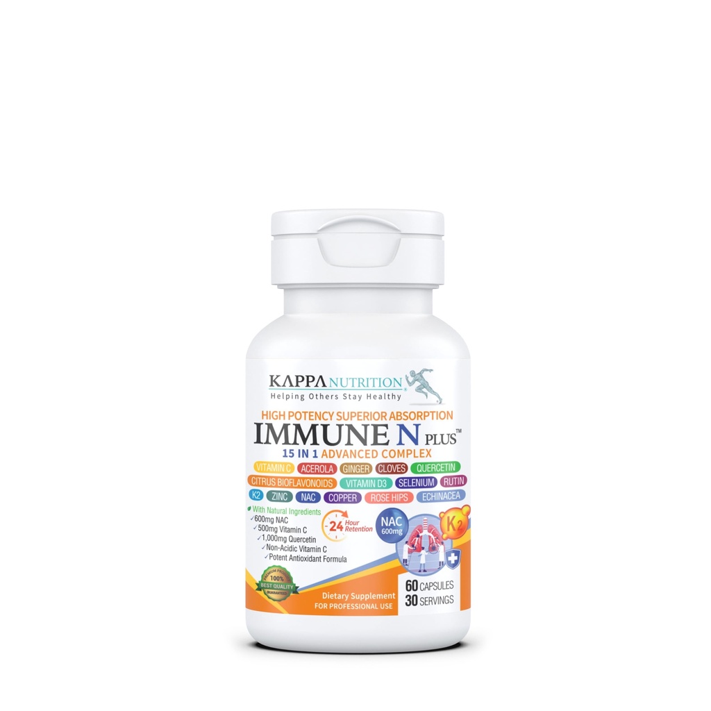 (60 cápsulas), NAC 600mg, Quercetina 1000mg, Vitamina C 500mg, Zinc 50mg, Vitamina D3 5,000iu, Selenium, Copper, Acerola, Ginger, Rutin, Citrus Bioflavonoids, Rose Hips, Echinacea, Immune N Plus 15 en 1