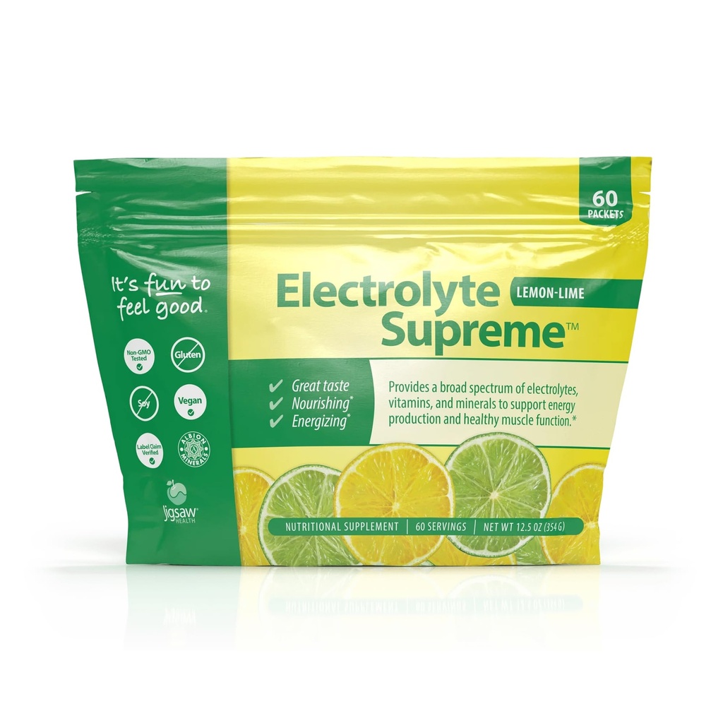 Jigsaw Health Electrolyte Supreme tención Broad Spectrum of Electrolytes + Trace Minerals TEN Lemon-Lime Flavor TENIDO 60 Servings (Packets)