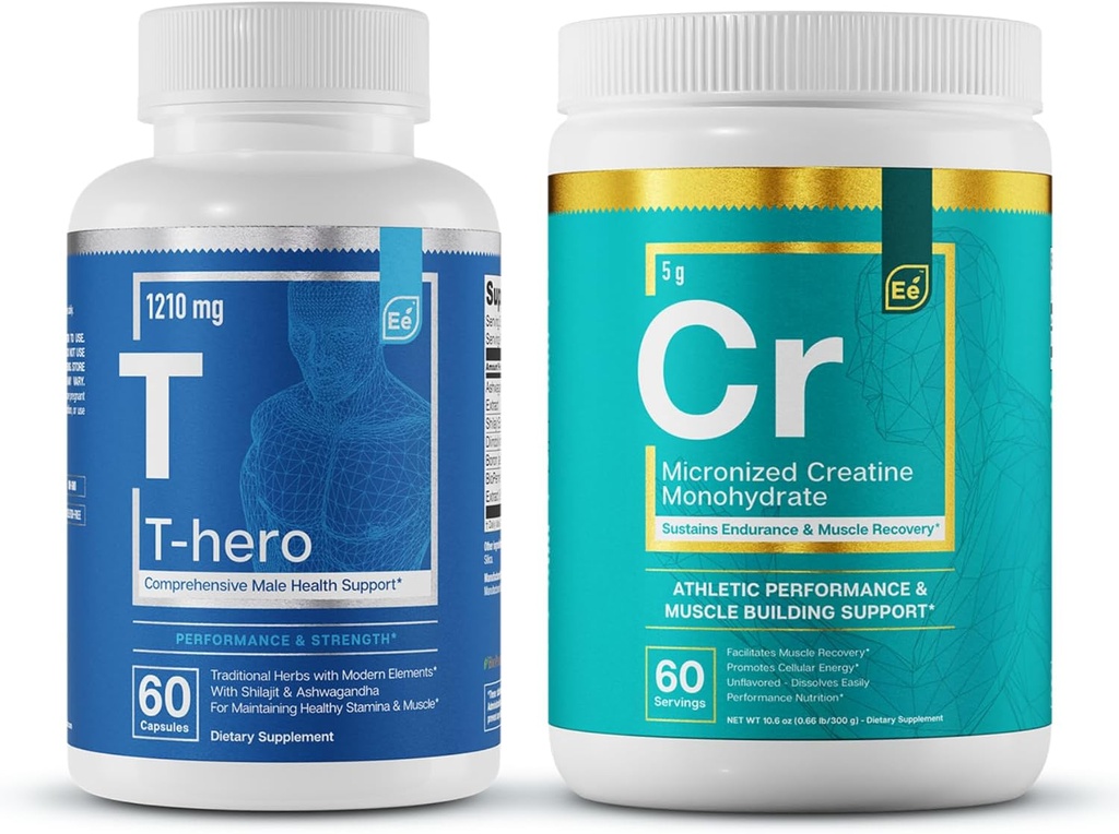 Elementos esenciales T-Hero + Micronized Creatine Monohydrate  Male Health Supplement - Muscle Support &amp; T-Health