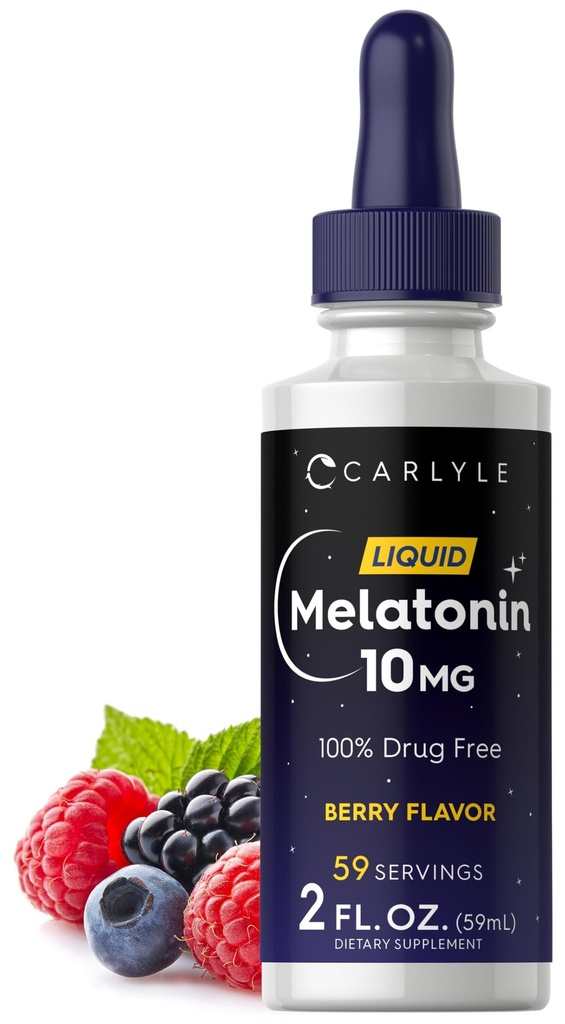 Carlyle Melatonin 10mg ← 2 fl oz Liquid Drops ← Berry Flavor Silencio para Adultos Silenciosa No-GMO, Suplemento Vegetariano