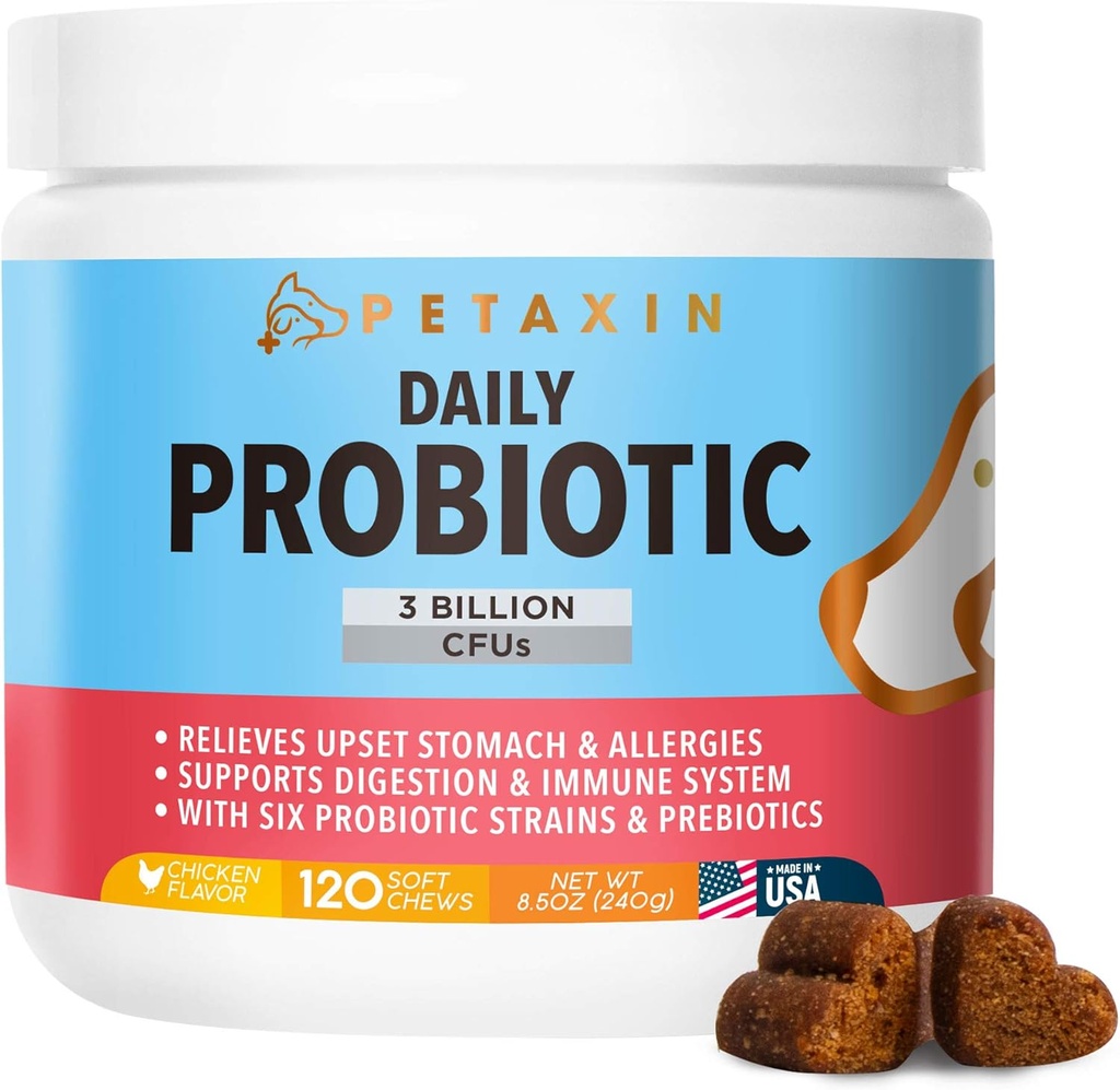 Probióticos para perros - 6 Strains con Prebióticos - Soportes Sistema Digestivo e Inmunitario - Alivio para la Diarrea, Respiración Mal, Alergías, Gas, Estreñimiento, Puntos Calientes - Hecho en EE.UU. - 120 Chews