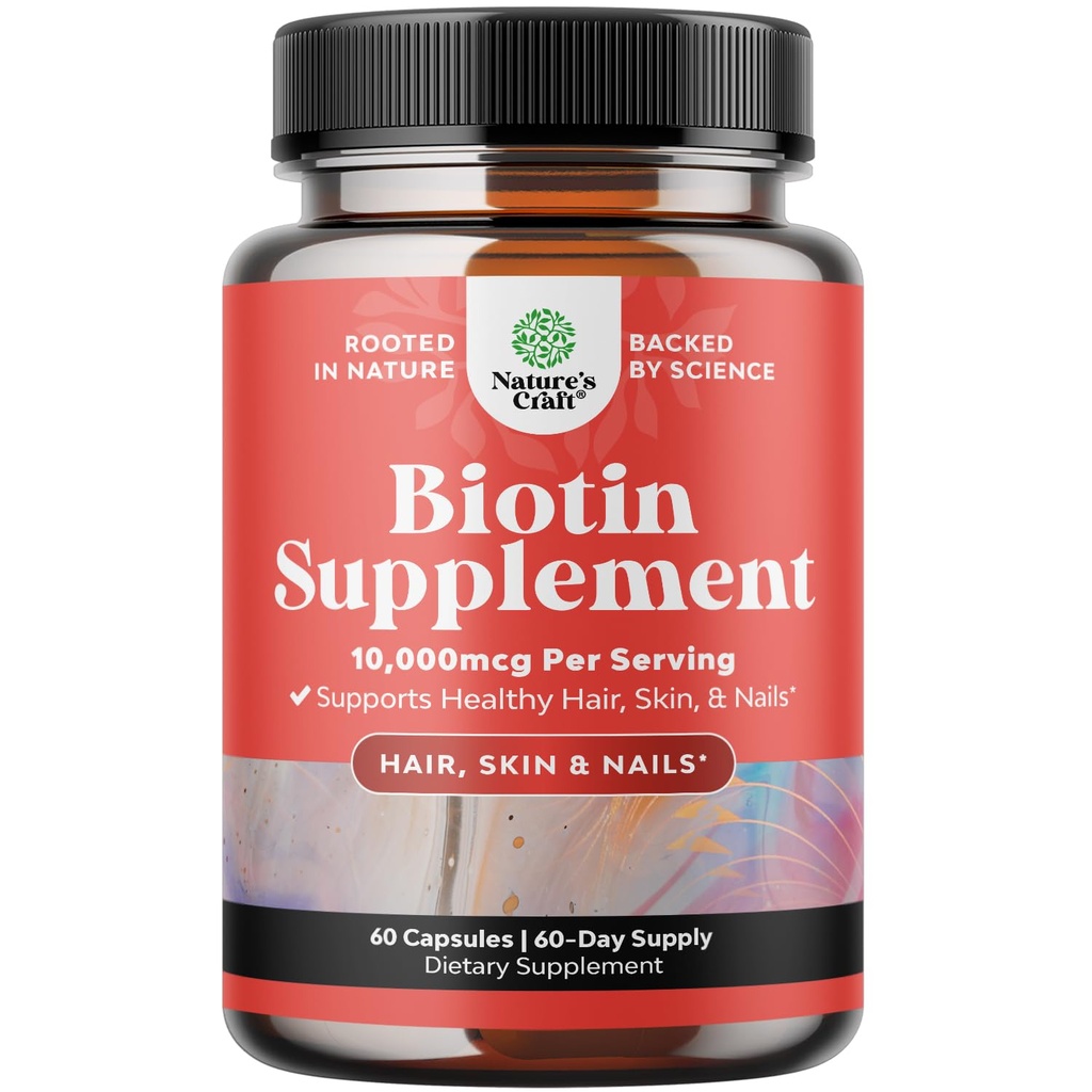 Natures Craft 10000 mcg Pure Biotin Pills for Women Men - Promueve el cabello delgado y más completo. Suplemento natural para el crecimiento del cabello delgado brillante - Capsules de vitamina vegetariana - Obtener uñas fuertes de piel clara