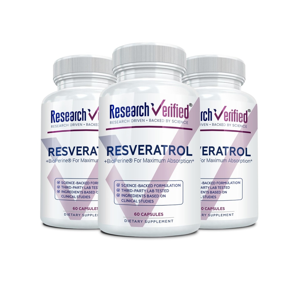 Investigación Resveratrol Verificado - 98% Trans-Resveratrol 1000 mg, Anti-Aging Support - 60 cápsulas por botella - 3 botellas