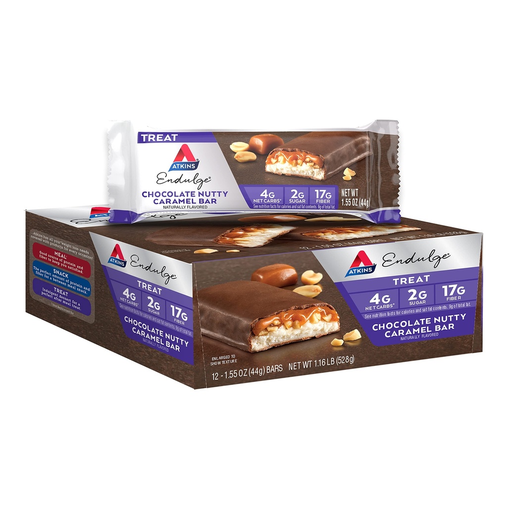Atkins Endulge Chocolate Nutty Caramel Bar, Dessert Favorite, 2g Sugar, High in Fiber, Keto Friendly, 12 Conde