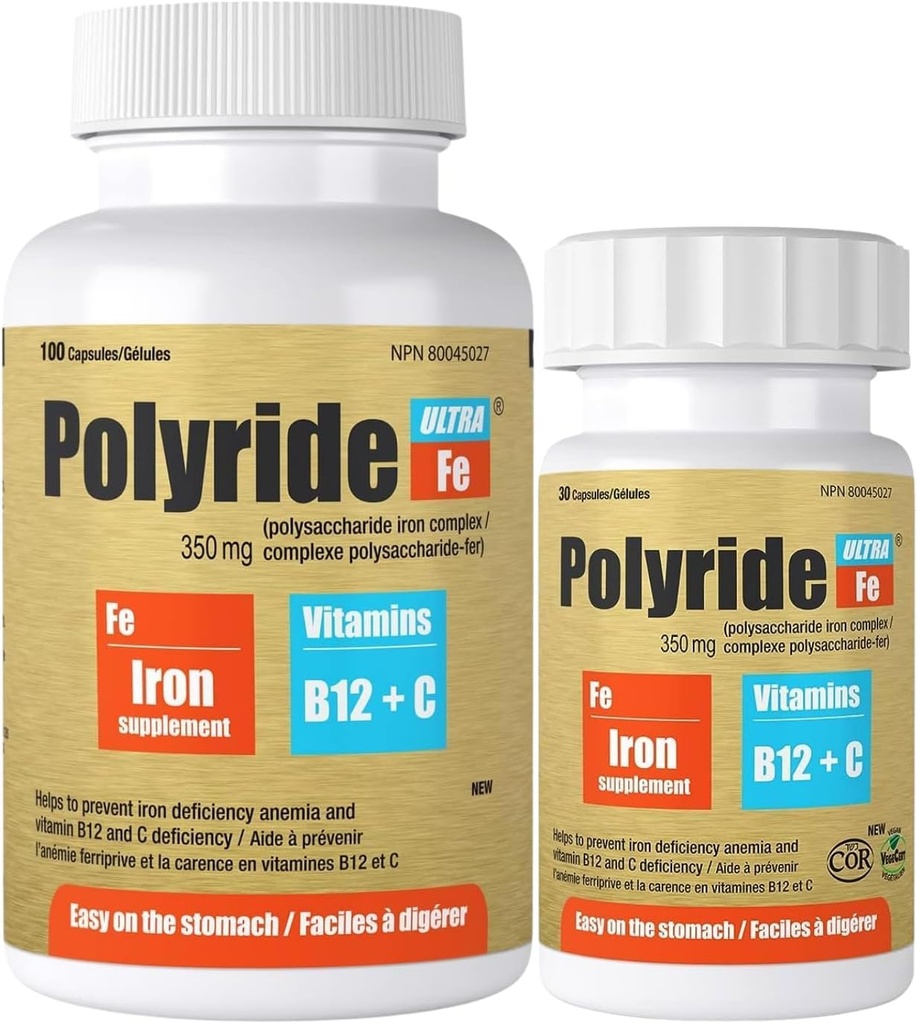Ultra Polysaccharide Iron Suplemento Complejo 350 Mg - Energy Support with Iron - Treat Iron Deficiency Anemia - 125 mg Vitamina C y 1000 mcg Vitamina B12-100 cápsulas