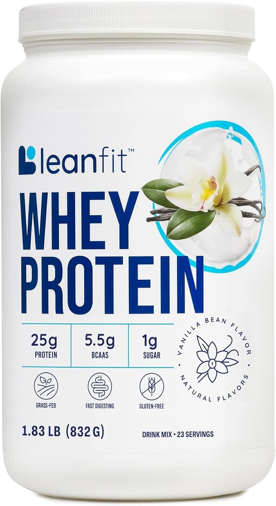 LeanFit WHEY Protein Natural Vanilla – 100% Whey Protein Powder, 24g Protein Por Serving – Grass-Fed, Gluten-Free, Low Carb, BCAAs, Amino Acid – 23 Servings, 1.83 Pound Tub