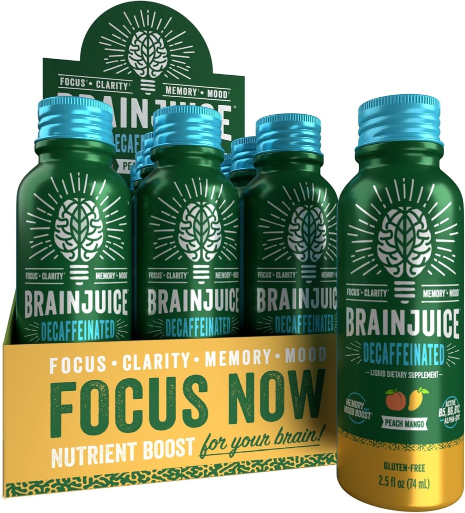 Cerebro de Jugo Cerebro de Cerebro Shot, Gluten suplemento gratis Zapatos para energía " Focus, Bebidas saludables con Alfa GPC, Vitamina B " Hoja de té verde decaffeinada, Mango de Peach, 2.5 fl oz, 12 Pack