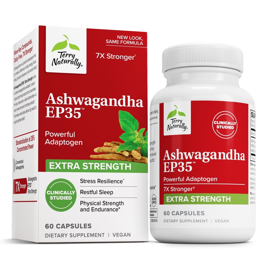 Terry Naturalmente Ashwagandha EP35 Extra Strength - Suplemento herbal para el apoyo al sueño - Respuesta de estrés saludable - Asistencia energética para la resistencia - 60 cápsulas (60 piezas)