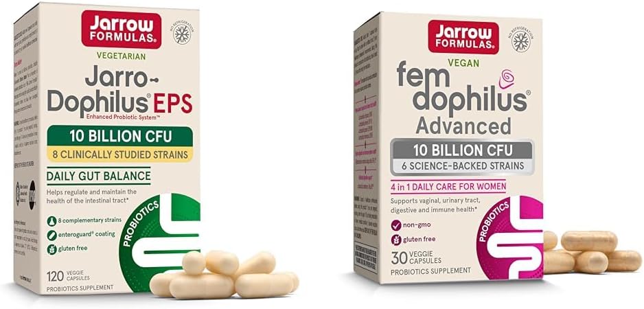 Jarrow Formulas Probióticos Agrupar con Jarro-Dophilus EPS 10 billón CFU 120 Caps y Fem-Dophilus Avanzado 10 Billones CFU 30 Caps