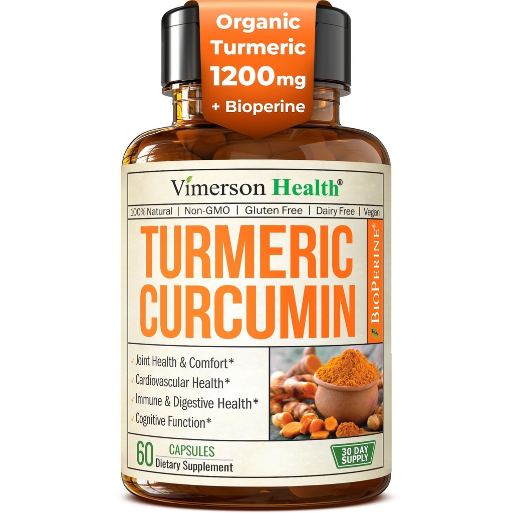 Suplemento de Curcumina Turmérica con Extracto de Pepper Negro - Turmérico orgánico de alta potencia 1200 mg " 95% Curcuminoides para la salud mixta " - Suplemento de Apoyo Conjunto - 60 cápsulas de Curcuma Vegan