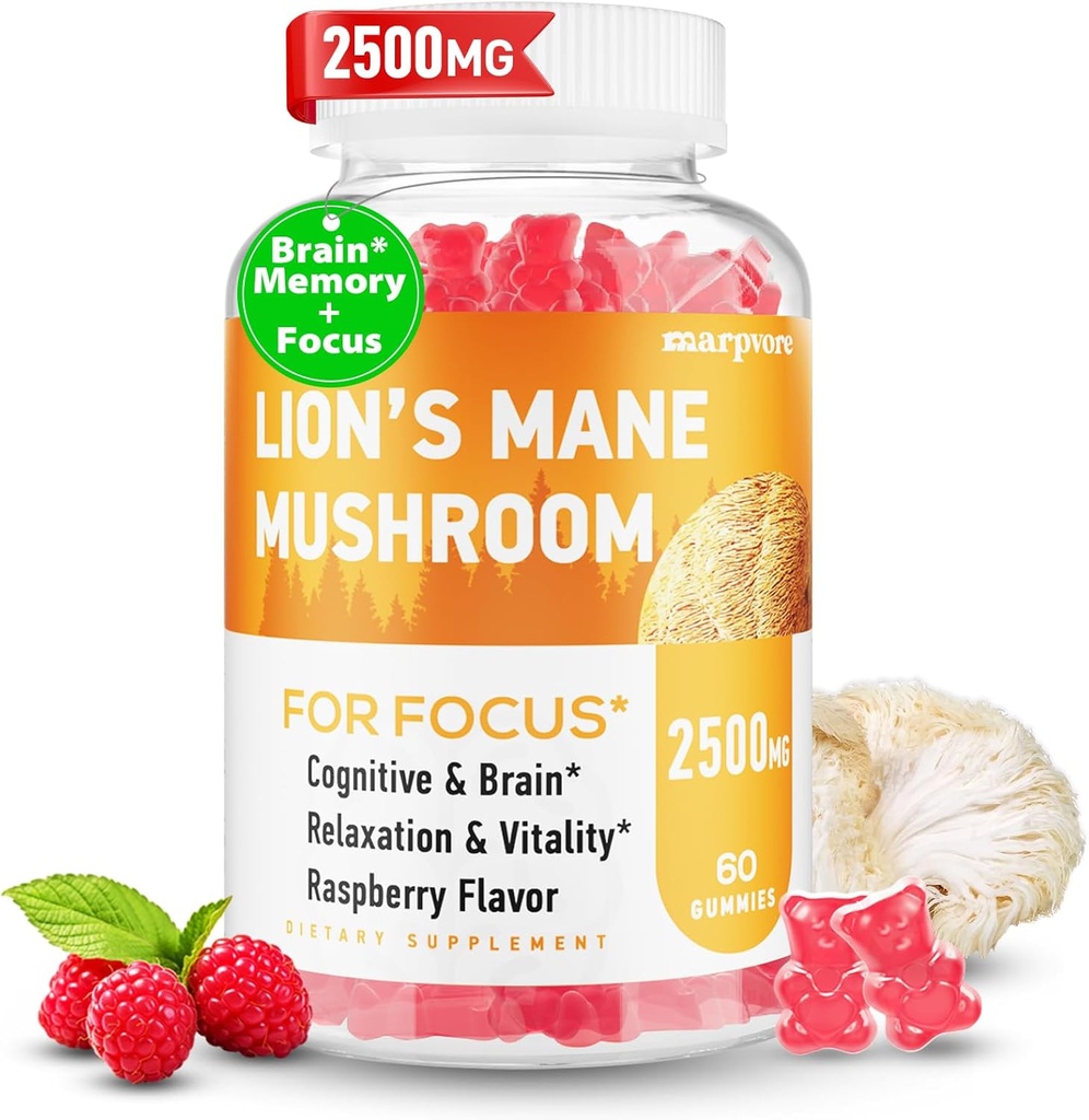 Lions Mane Gummies, Organic Lion's Mane, Lions Mane Gummies for Adults, con Ashwagandha & Alpha GPC, Cortisol Supplements for Women & Men, 60 Condes