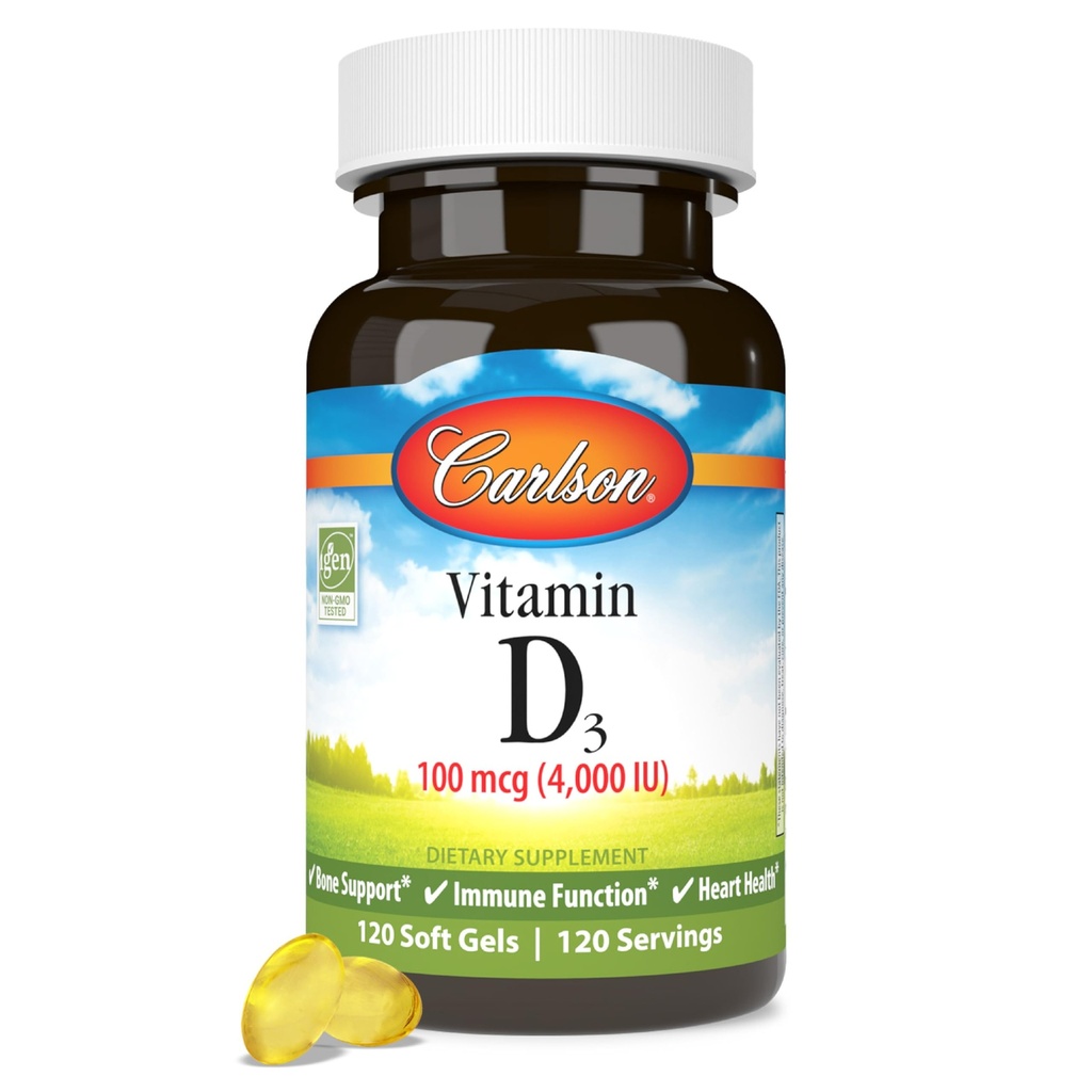 Carlson - Vitamina D3, 4000 UI (100 mcg), Suplementos de Vitamina D, Salud Hueso &amp; Inmuno, Suplemento Cholecalciferol, Gluten Vitamina D cápsulas, 120 Softgels