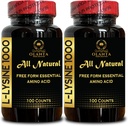 L-LYSINE 1000 mg Forma gratuita Aminoácidos esenciales - Suplemento Aminoácidos puros de 1000 mg, soporte de tejido conectivo, ácidos de forma libre, complejo lisino L, ácidos aminoácidos - 2 botellas 200 condes