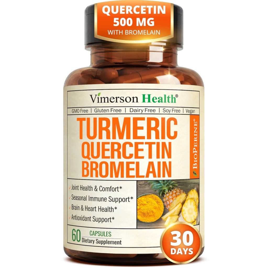 Quercetin with Bromelain Turmeric Curcumin Supplement – Allergy Relief, Immune & Joint Support – Organic Turmeric Supplement w/Bioperine for Enhanced Absorption, 60 Quercetin 500mg Capsules