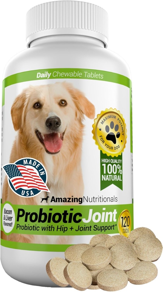 Probióticos increíbles para perros elimina la diarrea y el gas con el alivio de dolor articulado de cadera, 120 Chews