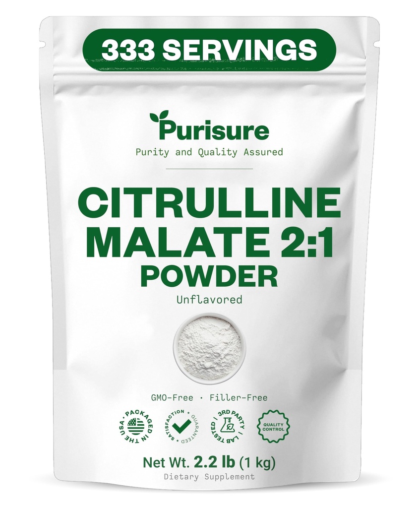 Purisure L Citrulline Malate 2:1 Polvo, 1 kg, Suplemento y Nitrato para el rendimiento y la energía de fuerza, Pre-Workout L Arginine L Citrulline Suplemento Polvo, 334 Servimientos